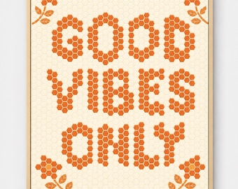 Good Vibes Only Hexagon Tile Print, Orange Retro Typography (Digital)