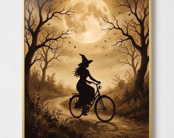 Witch on Bicycle Full Moon Print, Vintage Halloween Art (Digital Download)