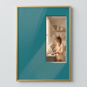 Transformative Teal Morning Tea Print, Figurative Wall Art, Kitchen Decor