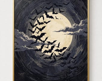 Flying Bats Full Moon Print, Gothic Halloween Wall Art (Digital Download)