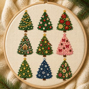 Pode incluir: Um bastidor de bordado circular de madeira contendo um tecido cor de creme com nove desenhos de árvores de Natal bordados. As árvores apresentam várias decorações, incluindo guirlandas douradas, ornamentos vermelhos e brancos, poinsétias, casas de gengibre, bengalas doces, pinhas e estrelas dispostas em uma grade.