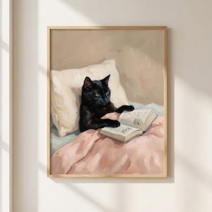 Black Cat Reading Print, Cozy Oil Painting, Whimsical Bedroom Decor (Digital Download)