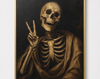 Skeleton Peace Sign Print, Funny Vintage Portrait Halloween Wall Art