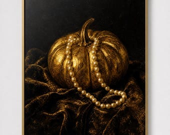 Gold Pumpkin with Pearls Print, Baroque Moody Halloween Wall Art Decor