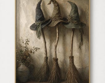 Witch Hats & Brooms Still Life Print, Farmhouse Halloween (Digital)