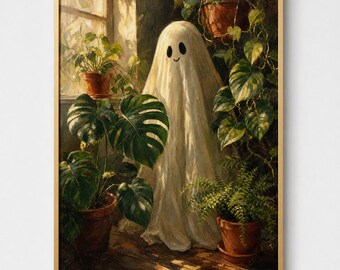 Ghost with Houseplants Print, Botanical Halloween Art (Digital)