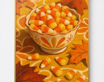 Retro Candy Corn Bowl Print, Vintage Halloween Wall Art (Digital)