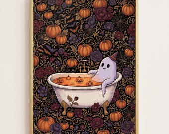 Ghost & Black Cat Halloween Bathtub Print, Gothic Wall Art