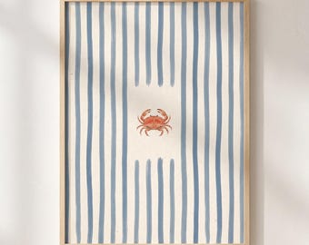 Minimalist Crab Print, Blue Stripe Coastal Wall Art (Digital Download)