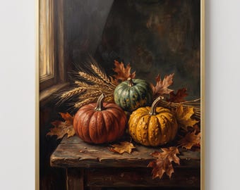 Dutch Still Life Pumpkin Painting Print, Moody Autumn Harvest Wall Art