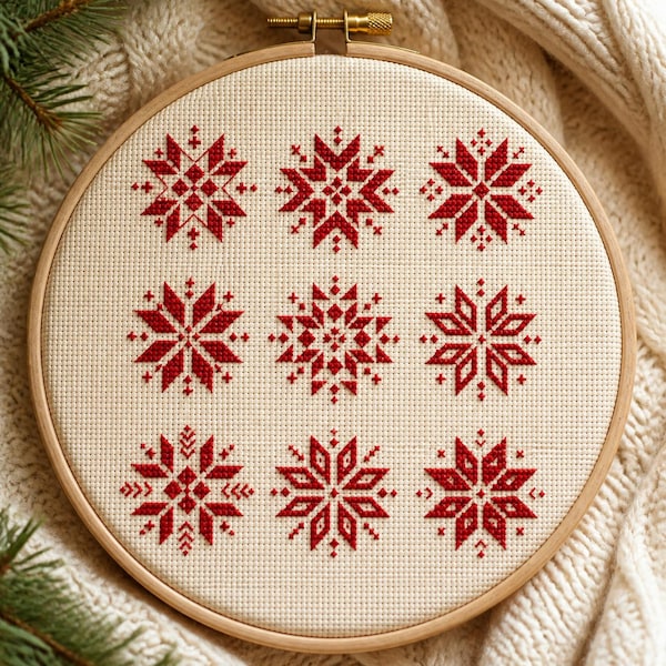 Nine Nordic Star Snowflakes Cross Stitch Pattern PDF