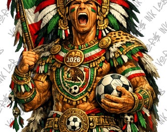 Op de afbeelding: Gedetailleerde illustratie van een krijger in traditionele Azteekse kledij, met een voetbal en een vlag in de kleuren van de Mexicaanse vlag. De krijger draagt een gevederde hoofdtooi en de tekst "MEXICO 2026".