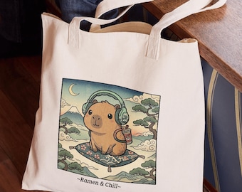 Ramen & Chill Capybara Illustration Tote Bag,Cute Headphone Capybara Canvas Tote,Japanese Capybara,Aesthetic Lofi Ramen Chill Canvas