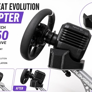 Può includere: Un adattatore nero stampato in 3D per una base volante Logitech RS50 direct drive, progettato per un Playseat Evolution. L'immagine mostra l'adattatore montato su un simulatore di guida, con viste prima e dopo l'installazione e una vista dall'alto.