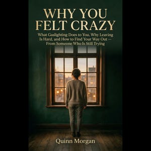 May include: Book cover with the title "WHY YOU FELT CRAZY" in gold lettering. The cover features a person looking out a window. The text below the title reads "What Gaslighting Does to You, Why Leaving Is Hard, and How to Find Your Way Out - From Someone Who Is Still Trying".