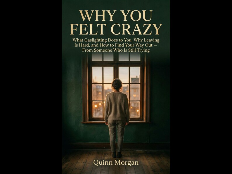 May include: Book cover with the title "WHY YOU FELT CRAZY" in gold lettering. The cover features a person looking out a window. The text below the title reads "What Gaslighting Does to You, Why Leaving Is Hard, and How to Find Your Way Out - From Someone Who Is Still Trying".