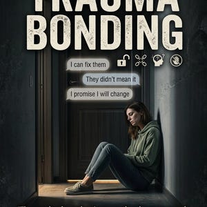 May include: Poster with the words "TRAUMA BONDING" in large, distressed font. A woman sits against a wall, looking down. Speech bubbles read "I can fix them," "They didn't mean it," and "I promise I will change." The quote at the bottom reads, "The people who end up in trauma bonds are not people who didn't know better."