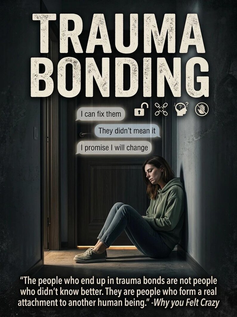 May include: Poster with the words "TRAUMA BONDING" in large, distressed font. A woman sits against a wall, looking down. Speech bubbles read "I can fix them," "They didn't mean it," and "I promise I will change." The quote at the bottom reads, "The people who end up in trauma bonds are not people who didn't know better."