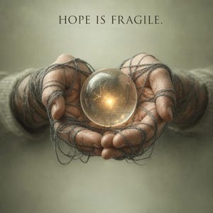 Może przedstawiać: Para dłoni trzyma świecącą, pękniętą szklaną kulę, owiniętą szarą nicią. Tekst "HOPE IS FRAGILE" znajduje się na g&oacute;rze. Obraz ma miękką, stonowaną paletę kolor&oacute;w, tworząc kontemplacyjny nastr&oacute;j.