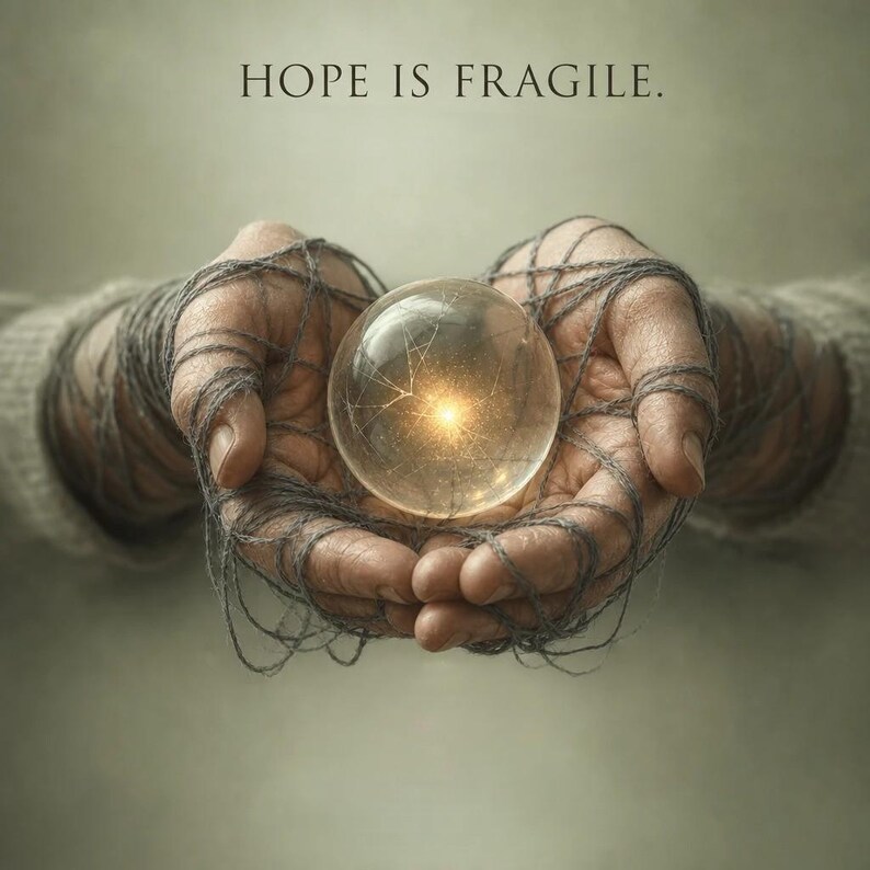 Może przedstawiać: Para dłoni trzyma świecącą, pękniętą szklaną kulę, owiniętą szarą nicią. Tekst "HOPE IS FRAGILE" znajduje się na g&oacute;rze. Obraz ma miękką, stonowaną paletę kolor&oacute;w, tworząc kontemplacyjny nastr&oacute;j.