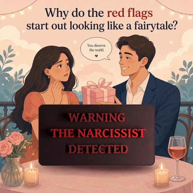 May include: An illustration depicts a man offering a gift to a woman. Text reads "Why do the red flags start out looking like a fairytale?" and "You deserve the world." A sign says "WARNING THE NARCISSIST DETECTED."