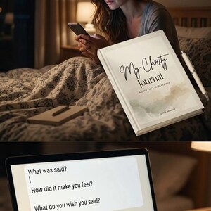 May include: A woman in a bedroom is using a smartphone and has a journal titled "My Clarity Journal." The journal is white with black script and a watercolor design. A laptop screen shows a questionnaire about communication tactics.