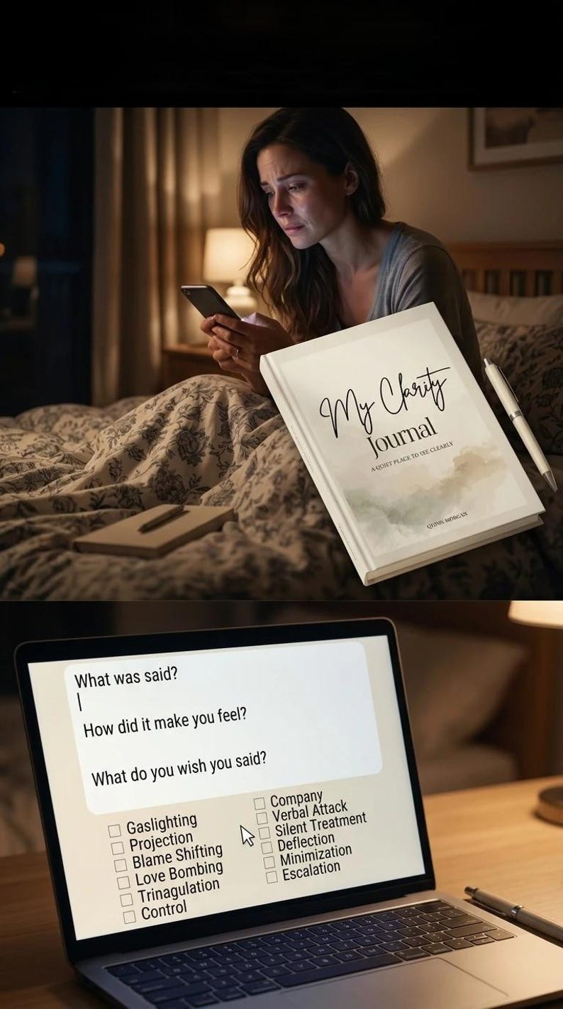 May include: A woman in a bedroom is using a smartphone and has a journal titled "My Clarity Journal." The journal is white with black script and a watercolor design. A laptop screen shows a questionnaire about communication tactics.