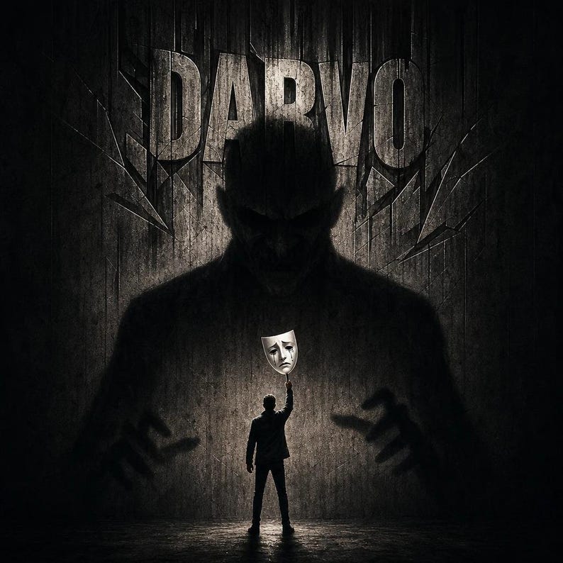 May include: A dramatic, grayscale image featuring the word "DARVO" etched into a textured wall. A silhouetted figure holds up a crying mask in front of a large, ominous shadow figure. The scene evokes themes of deception and hidden darkness.