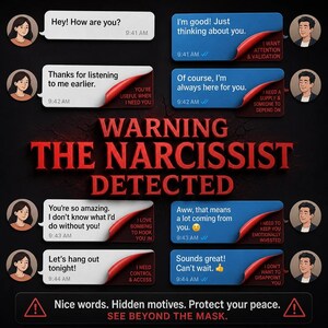 May include: A digital graphic with text messages, featuring a warning about narcissism. The messages are in speech bubbles with the text "Warning The Narcissist Detected". The image includes the text "Nice words. Hidden motives. Protect your peace. See beyond the mask."