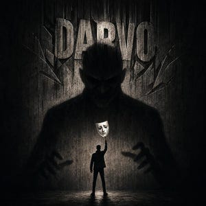 Op de afbeelding: Een donkere, artistieke afbeelding met het woord "DARVO" in een getextureerde muur ge&euml;tst. Een silhouetfiguur houdt een huilend masker omhoog voor een groter, onheilspellend silhouet. De algehele toon is dramatisch en mysterieus.