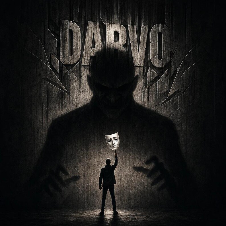 Op de afbeelding: Een donkere, artistieke afbeelding met het woord "DARVO" in een getextureerde muur ge&euml;tst. Een silhouetfiguur houdt een huilend masker omhoog voor een groter, onheilspellend silhouet. De algehele toon is dramatisch en mysterieus.