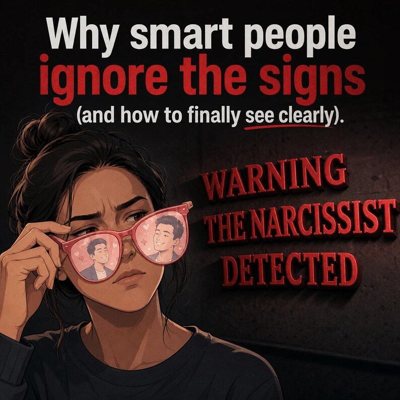May include: An illustration of a woman wearing pink heart-shaped glasses, with a man's image in each lens. The text reads "Why smart people ignore the signs" and "WARNING THE NARCISSIST DETECTED."