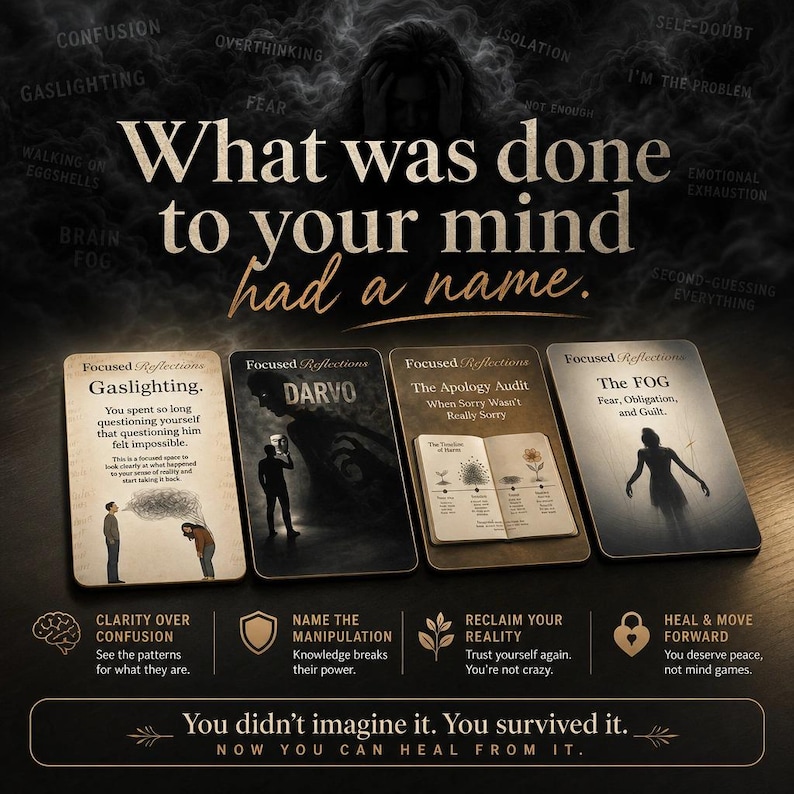 May include: An image with a dark background features the text "What was done to your mind had a name." Four cards are displayed, each with text and illustrations. The cards address topics like gaslighting and fear. Additional text at the bottom offers support.