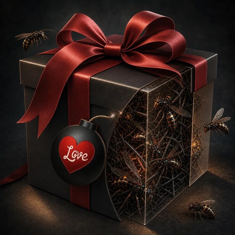 May include: A black gift box tied with a red ribbon and bow. A bomb with a heart and the word "Love" is attached. The box has a clear panel showing wasps inside. Several wasps are flying around the box.