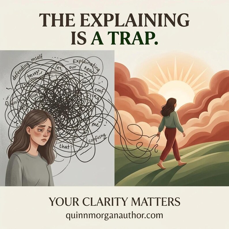 May include: An illustration with the text "THE EXPLAINING IS A TRAP." and "YOUR CLARITY MATTERS." The image depicts a woman with a tangled thought bubble and another walking towards a sunset. The website quinnmorganauthor.com is also shown.
