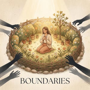 May include: Illustration of a person kneeling in a circular garden, surrounded by a woven fence and various plants. The person has their hands clasped over their chest. Dark, shadowy hands reach towards the garden from the outside. The word "BOUNDARIES" is at the bottom.