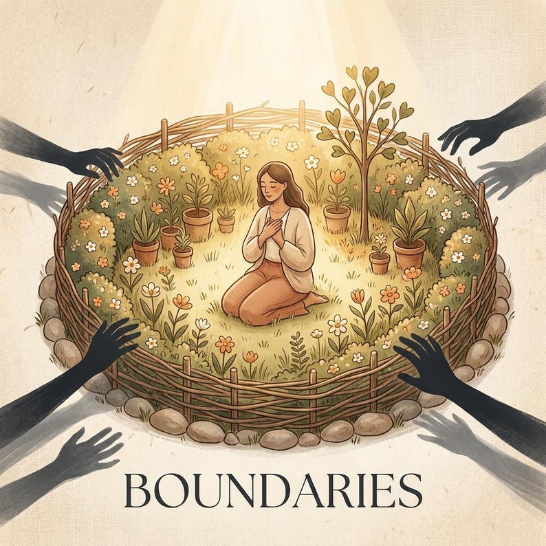 May include: Illustration of a person kneeling in a circular garden, surrounded by a woven fence and various plants. The person has their hands clasped over their chest. Dark, shadowy hands reach towards the garden from the outside. The word "BOUNDARIES" is at the bottom.