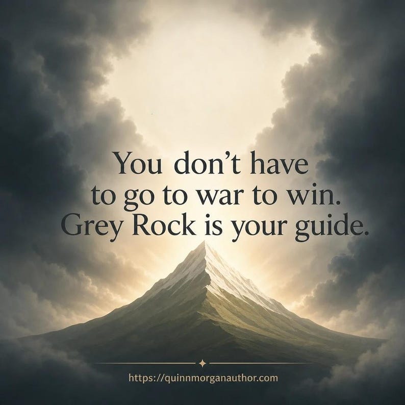 May include: An inspirational image with a mountain peak illuminated by sunlight breaking through dark clouds. Text reads: "You don't have to go to war to win. Grey Rock is your guide." The website address is at the bottom.