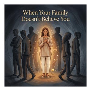May include: An illustration with the text "When Your Family Doesn't Believe You." A person stands centered, glowing, with hands on their chest. Silhouetted figures surround the person. A small flower and a heart are also present.