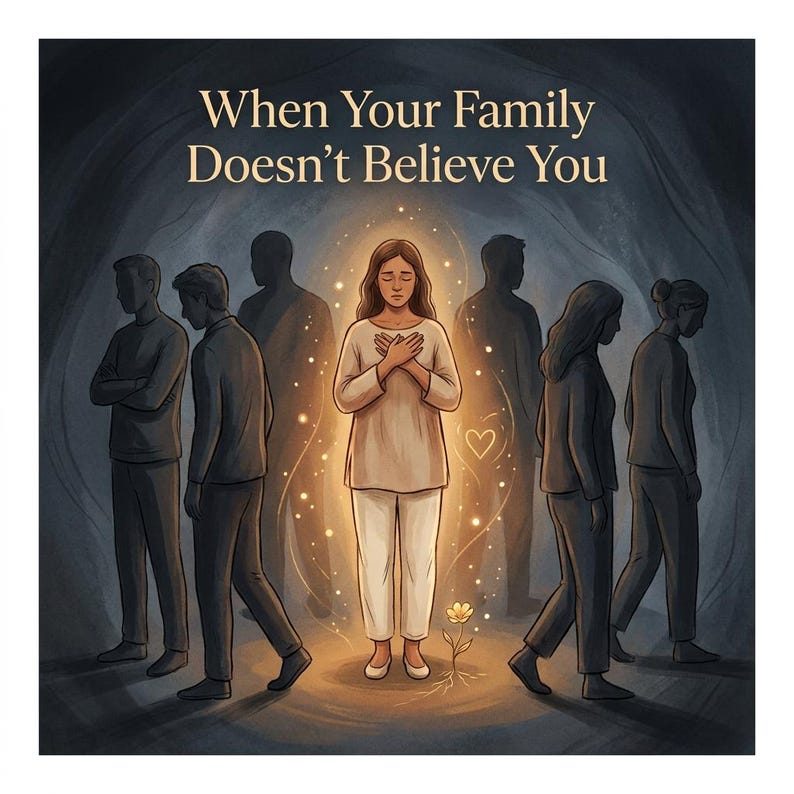 May include: An illustration with the text "When Your Family Doesn't Believe You." A person stands centered, glowing, with hands on their chest. Silhouetted figures surround the person. A small flower and a heart are also present.