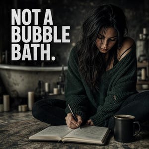 May include: A person wearing a dark green sweater writes in a notebook with a pen, with the text "NOT A BUBBLE BATH." A black mug of coffee sits nearby. The scene is dimly lit, with a bathtub in the background.