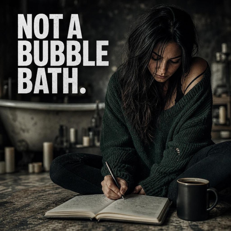 May include: A person wearing a dark green sweater writes in a notebook with a pen, with the text "NOT A BUBBLE BATH." A black mug of coffee sits nearby. The scene is dimly lit, with a bathtub in the background.
