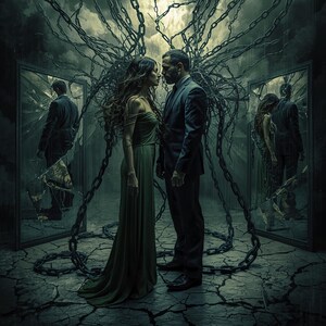 May include: Digital artwork depicting a man and woman facing each other, with chains and mirrors framing them. The woman is in a green dress, the man in a suit. The mirrors show their backs. The scene has a dark, dramatic atmosphere.