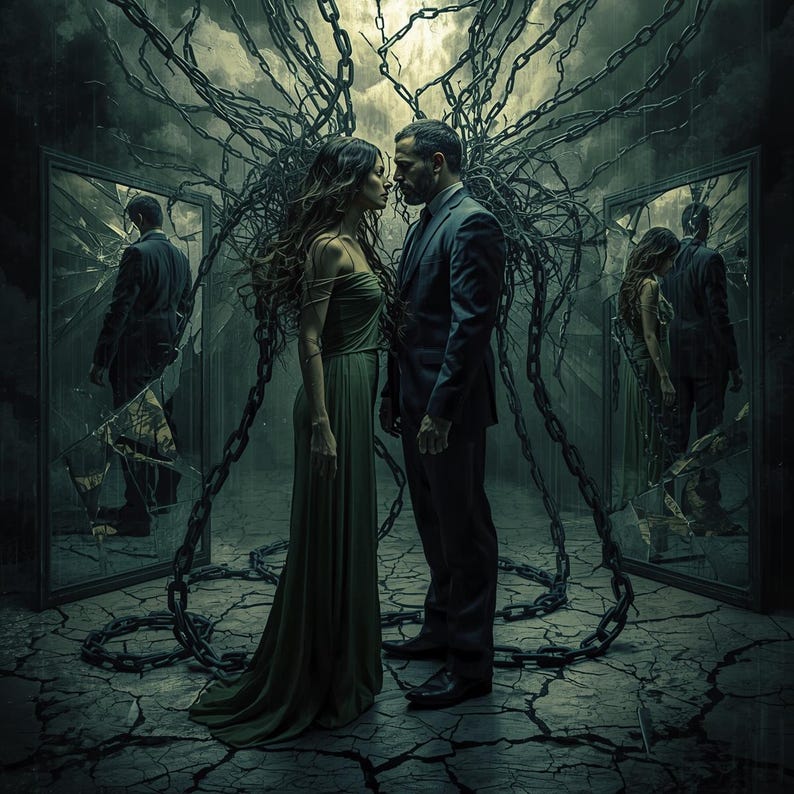 May include: Digital artwork depicting a man and woman facing each other, with chains and mirrors framing them. The woman is in a green dress, the man in a suit. The mirrors show their backs. The scene has a dark, dramatic atmosphere.
