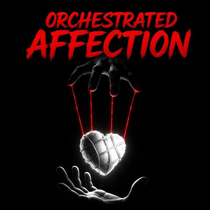 Op de afbeelding: Een zwart-wit afbeelding met de tekst "ORCHESTRATED AFFECTION" in het rood. De afbeelding toont een hartvormig object dat aan rode draden hangt, vastgehouden door handen tegen een zwarte achtergrond.