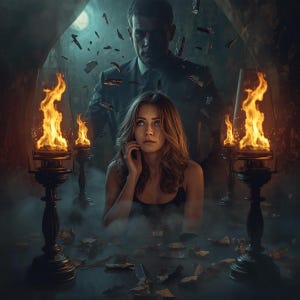 May include: A dramatic scene featuring a woman in a black top, looking concerned, with a man in a suit looming behind her. Lit by ornate lamps with flames, the scene is set in a dark, mysterious environment with floating debris.