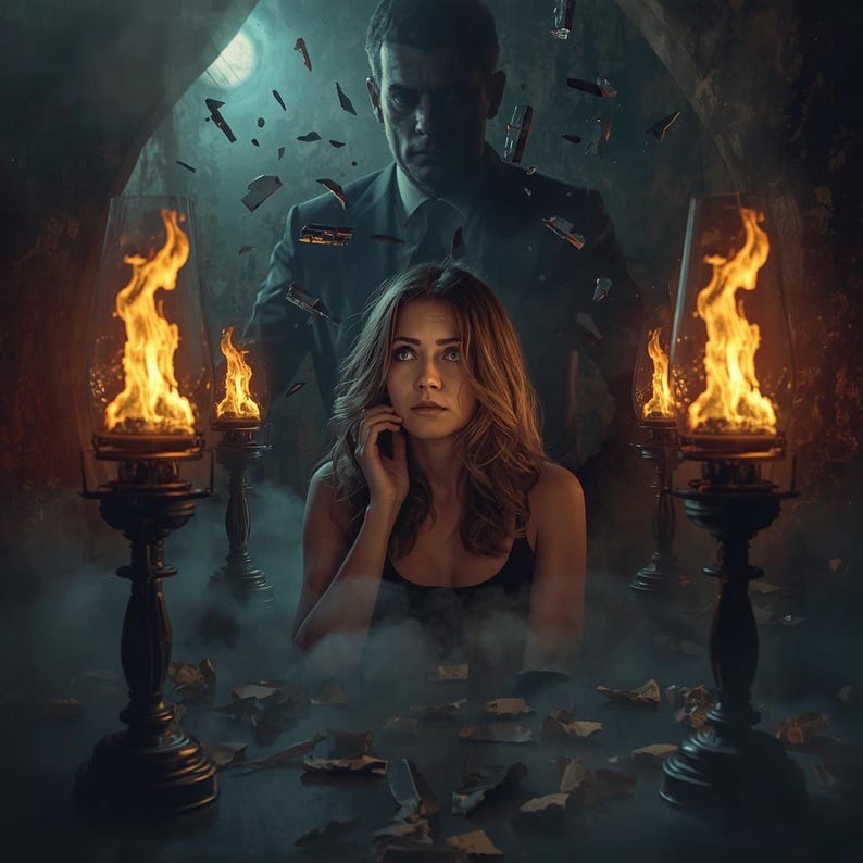 May include: A dramatic scene featuring a woman in a black top, looking concerned, with a man in a suit looming behind her. Lit by ornate lamps with flames, the scene is set in a dark, mysterious environment with floating debris.