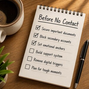 May include: A notepad with the title "Before No Contact" and a checklist. The first three items are checked: "Secure important documents," "Block secondary accounts," and "Set emotional anchors." A black pen and a cup of coffee are also in the image.