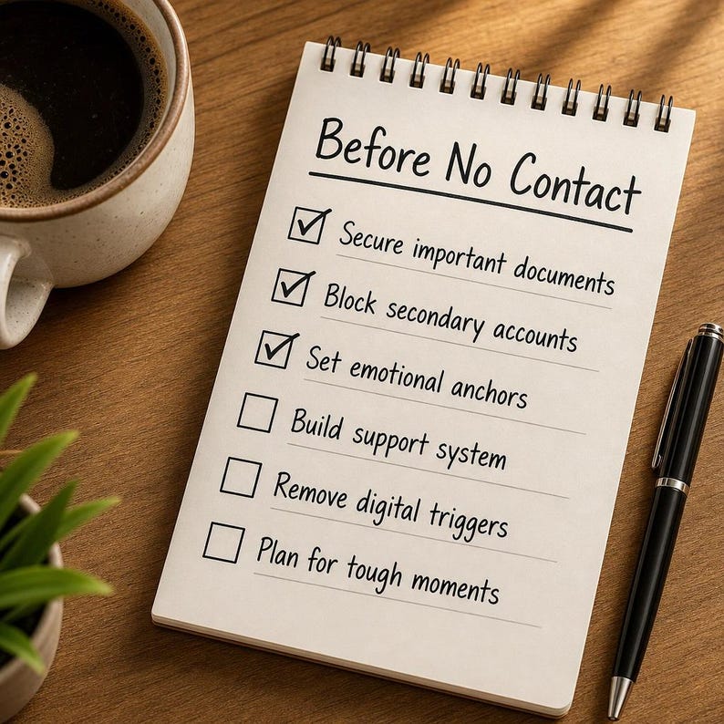 May include: A notepad with the title "Before No Contact" and a checklist. The first three items are checked: "Secure important documents," "Block secondary accounts," and "Set emotional anchors." A black pen and a cup of coffee are also in the image.