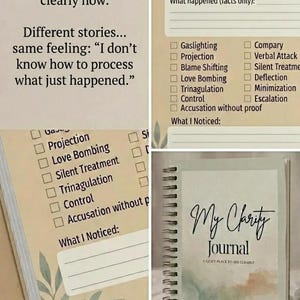 May include: A journal titled "My Charity Journal" with the text "A Quiet Place to See Clearly." The image also shows pages with prompts for self-reflection, including sections for dates, events, and observations.